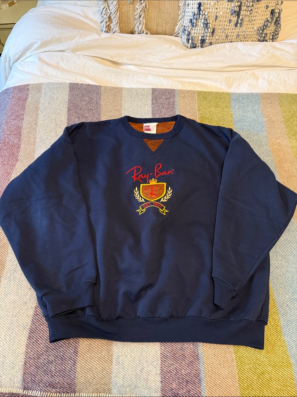 Vintage Ray-Ban Men's Navy Crewneck Sweatshirt with Embroidered Crest